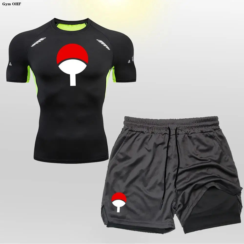 Men's "Heroic Spirit" Anime 2-in-1 Fitness Set – Compression Tee & Double-Deck Shorts