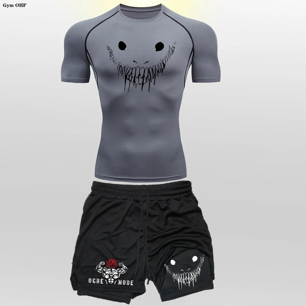 Men's "Anime Funny Face" 2-in-1 Fitness Set – Compression Tee & Double-Deck Shorts