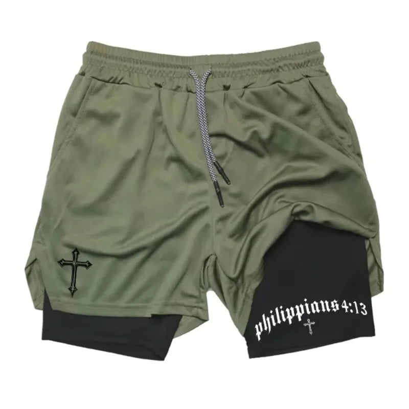 Men's "Faith Warrior" 2-in-1 Athletic Shorts – Christian Gym Shorts with Phone Pocket & Towel Loop