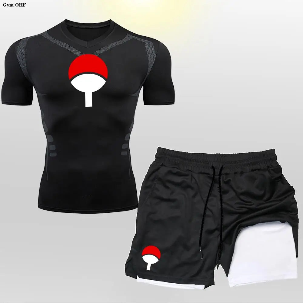 Men's "Heroic Spirit" Anime 2-in-1 Fitness Set – Compression Tee & Double-Deck Shorts