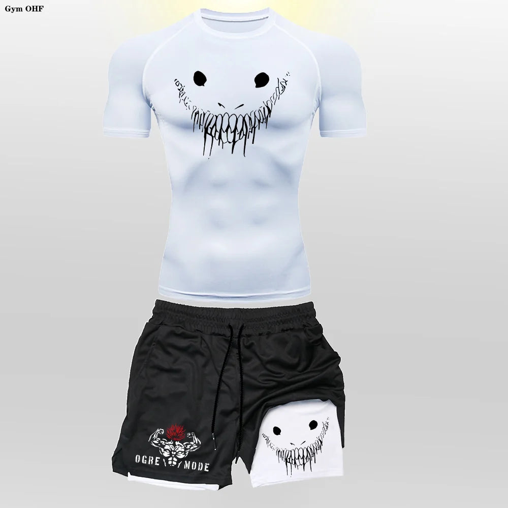 Men's "Anime Funny Face" 2-in-1 Fitness Set – Compression Tee & Double-Deck Shorts