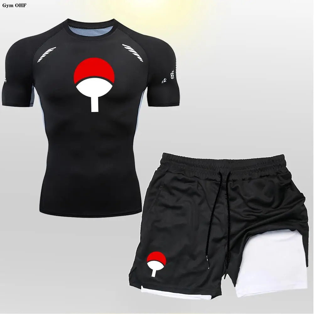 Men's "Heroic Spirit" Anime 2-in-1 Fitness Set – Compression Tee & Double-Deck Shorts