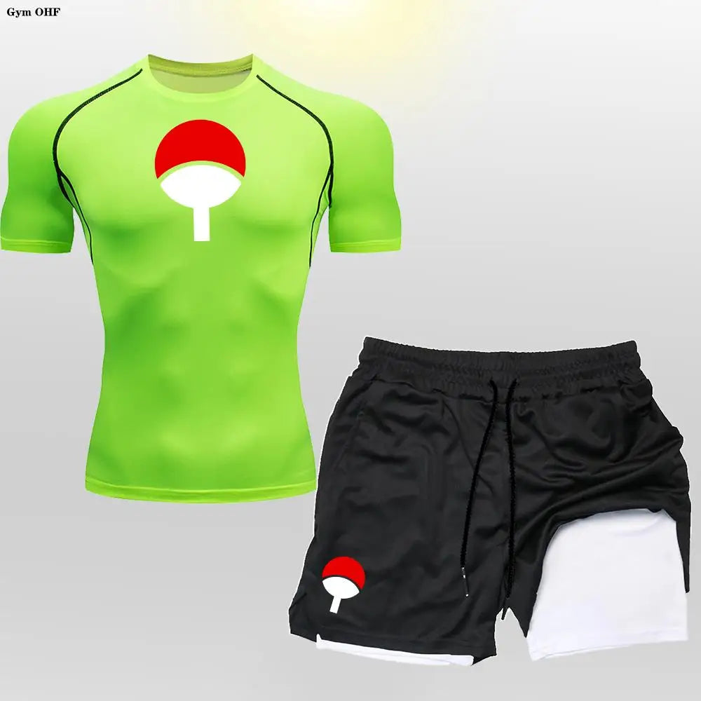 Men's "Heroic Spirit" Anime 2-in-1 Fitness Set – Compression Tee & Double-Deck Shorts