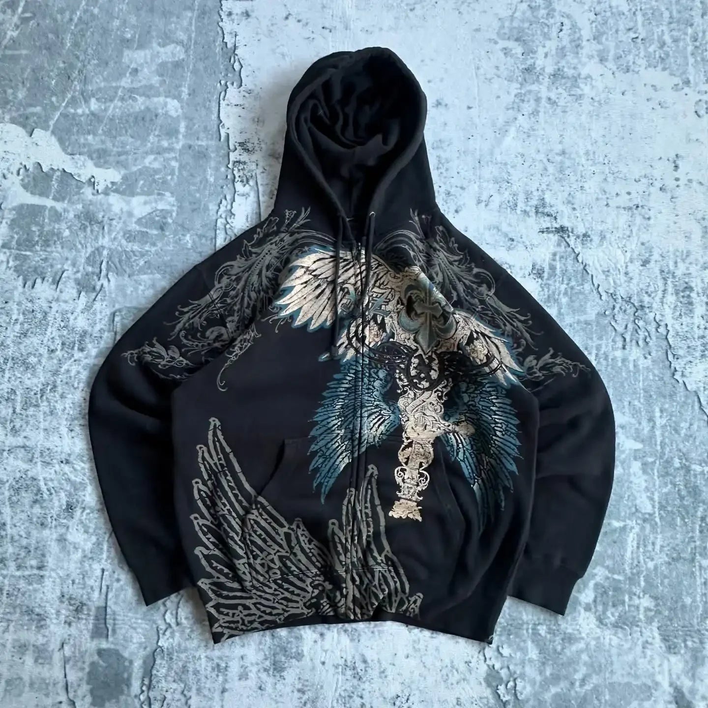 Y2K "Dark Streetwear" Oversized Zip-Up Hoodie – Vintage 90s Gothic Skull Print Sweatshirt
