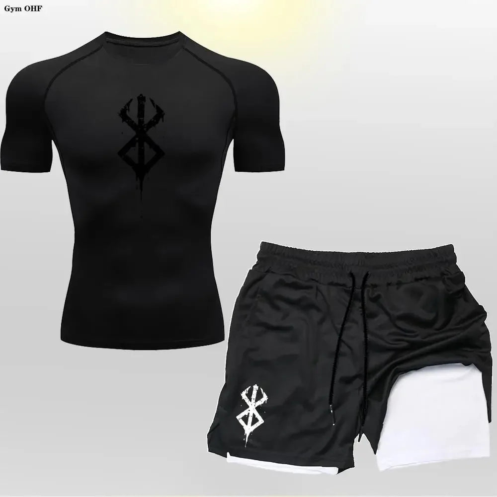 Men's "Anime Velocity" 2-in-1 Cycling & Training Set – Compression Tee & Double-Deck Shorts