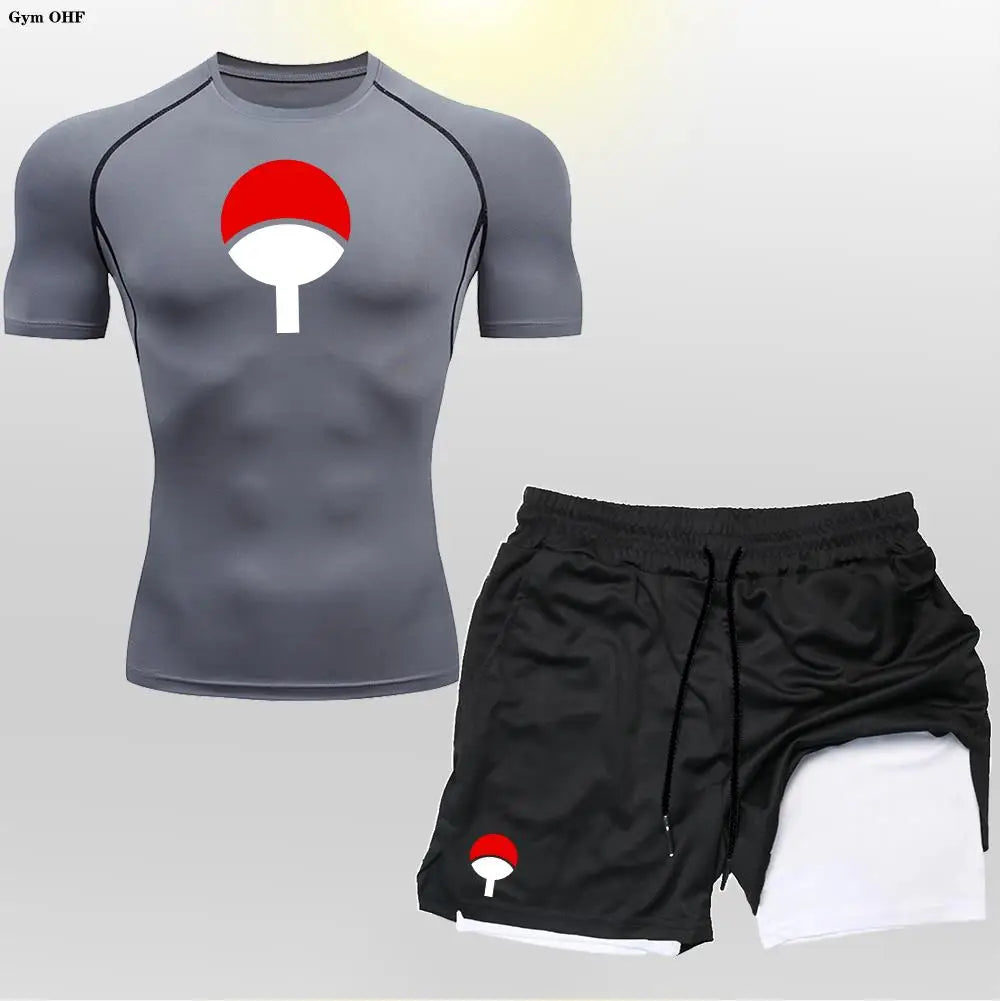 Men's "Heroic Spirit" Anime 2-in-1 Fitness Set – Compression Tee & Double-Deck Shorts