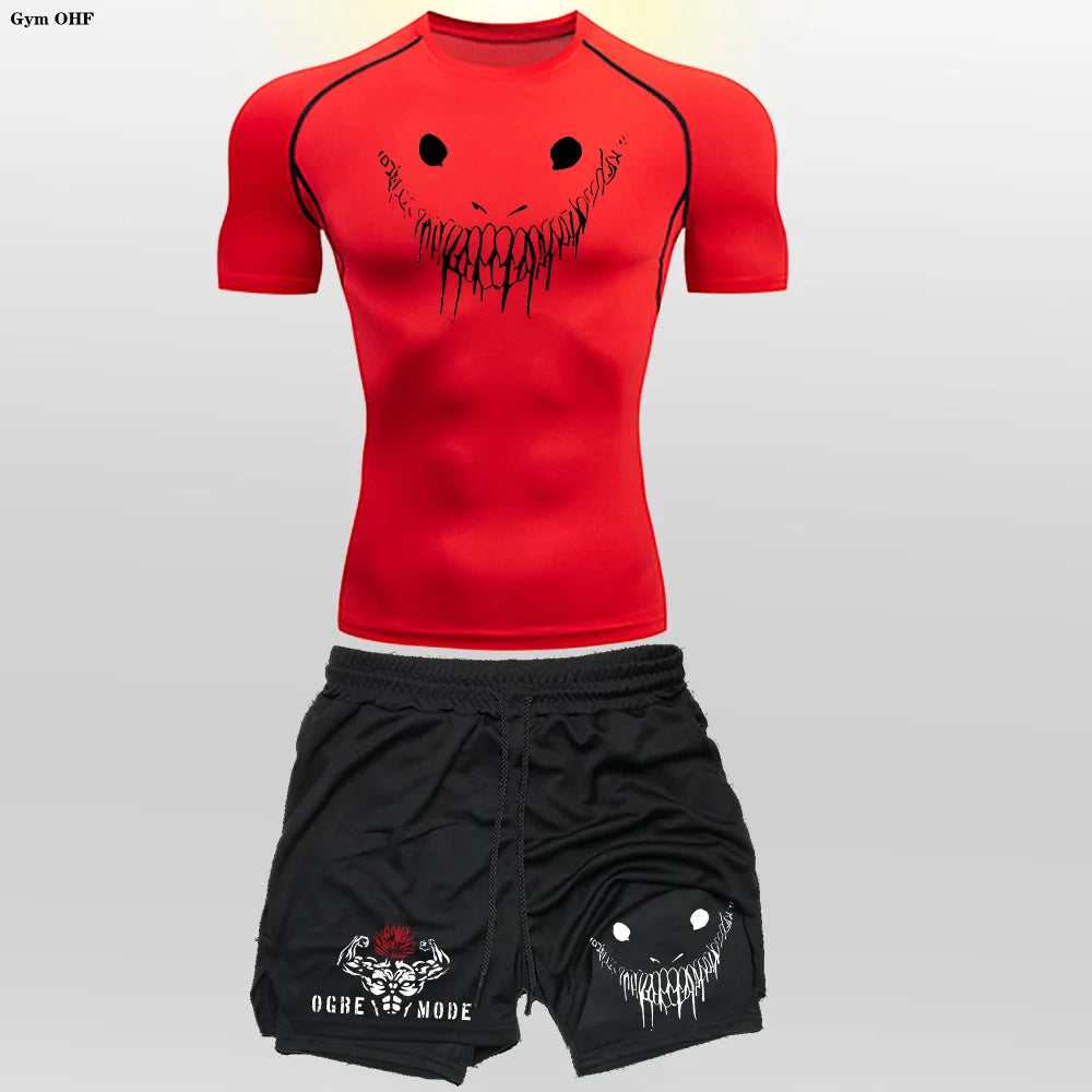 Men's "Anime Funny Face" 2-in-1 Fitness Set – Compression Tee & Double-Deck Shorts