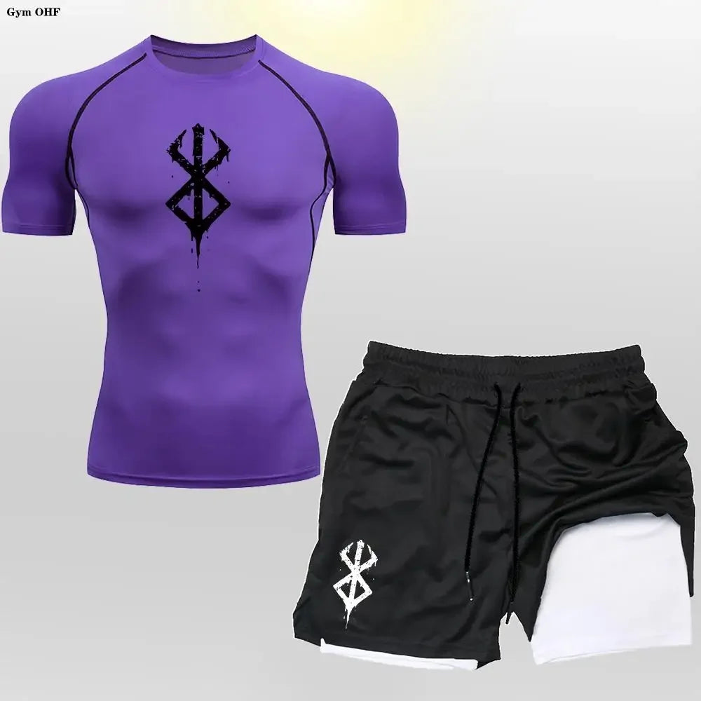 Men's "Anime Velocity" 2-in-1 Cycling & Training Set – Compression Tee & Double-Deck Shorts