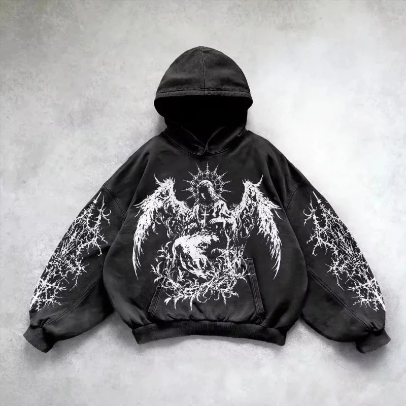 Retro Gothic "Evil Angel" Graphic Hoodie – Premium Y2K Punk Hip Hop Sweatshirt