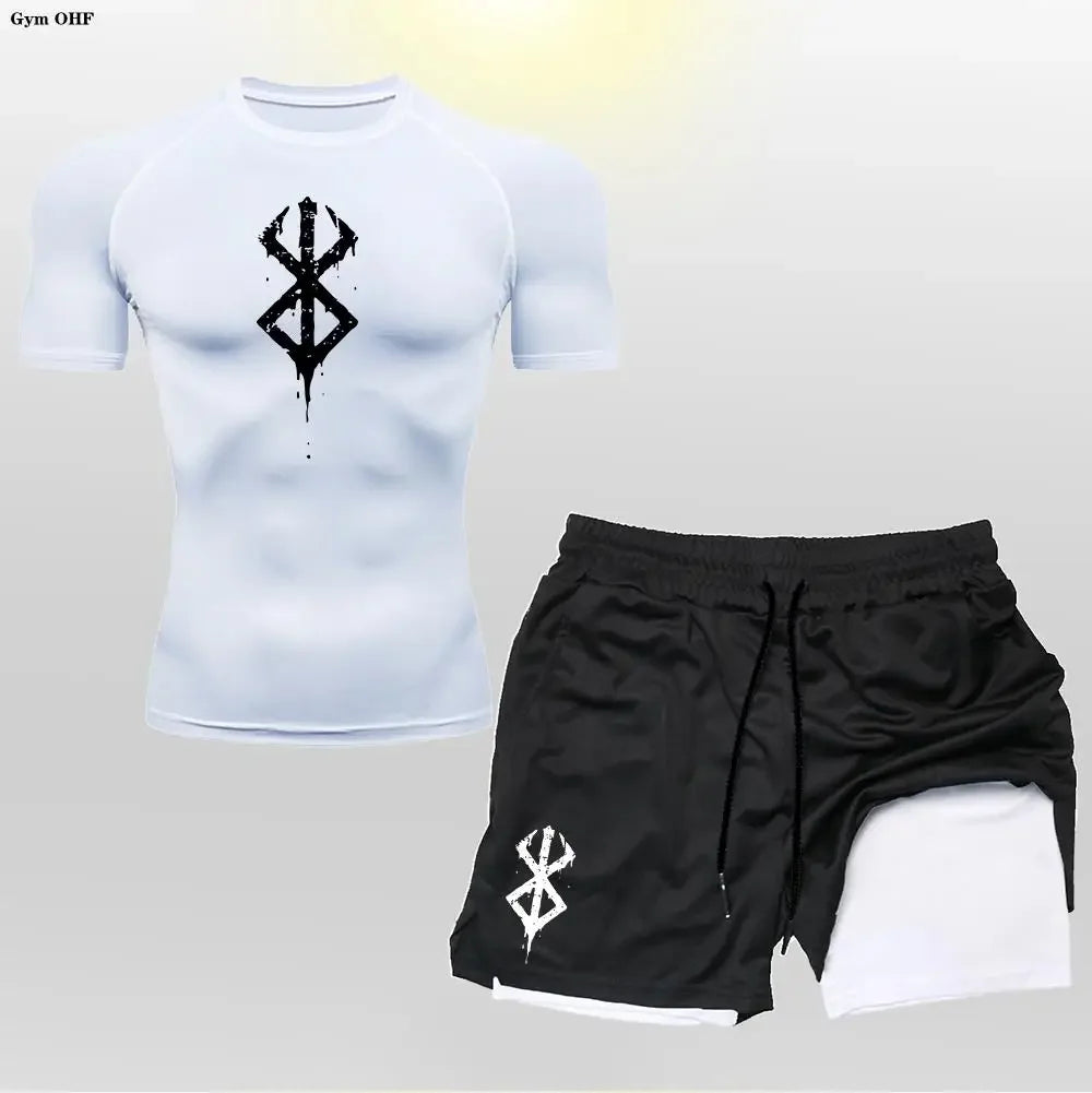 Men's "Anime Velocity" 2-in-1 Cycling & Training Set – Compression Tee & Double-Deck Shorts