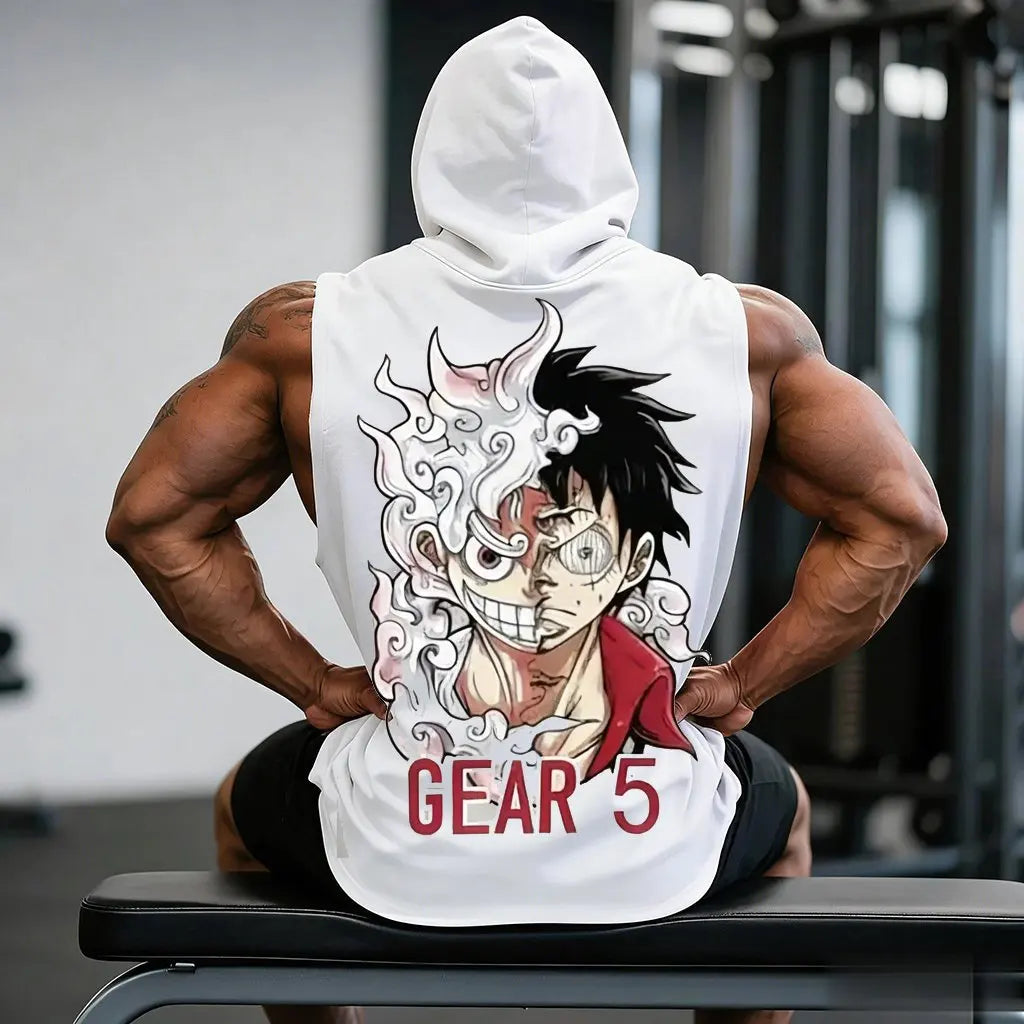 Official One Piece Luffy Gear 5 Hooded Tank Top – Premium "Sun God Nika" Gym Vest