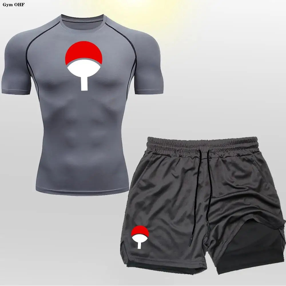 Men's "Heroic Spirit" Anime 2-in-1 Fitness Set – Compression Tee & Double-Deck Shorts