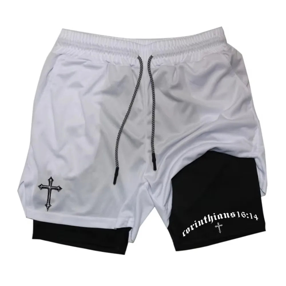 Men's "Faith Warrior" 2-in-1 Athletic Shorts – Christian Gym Shorts with Phone Pocket & Towel Loop