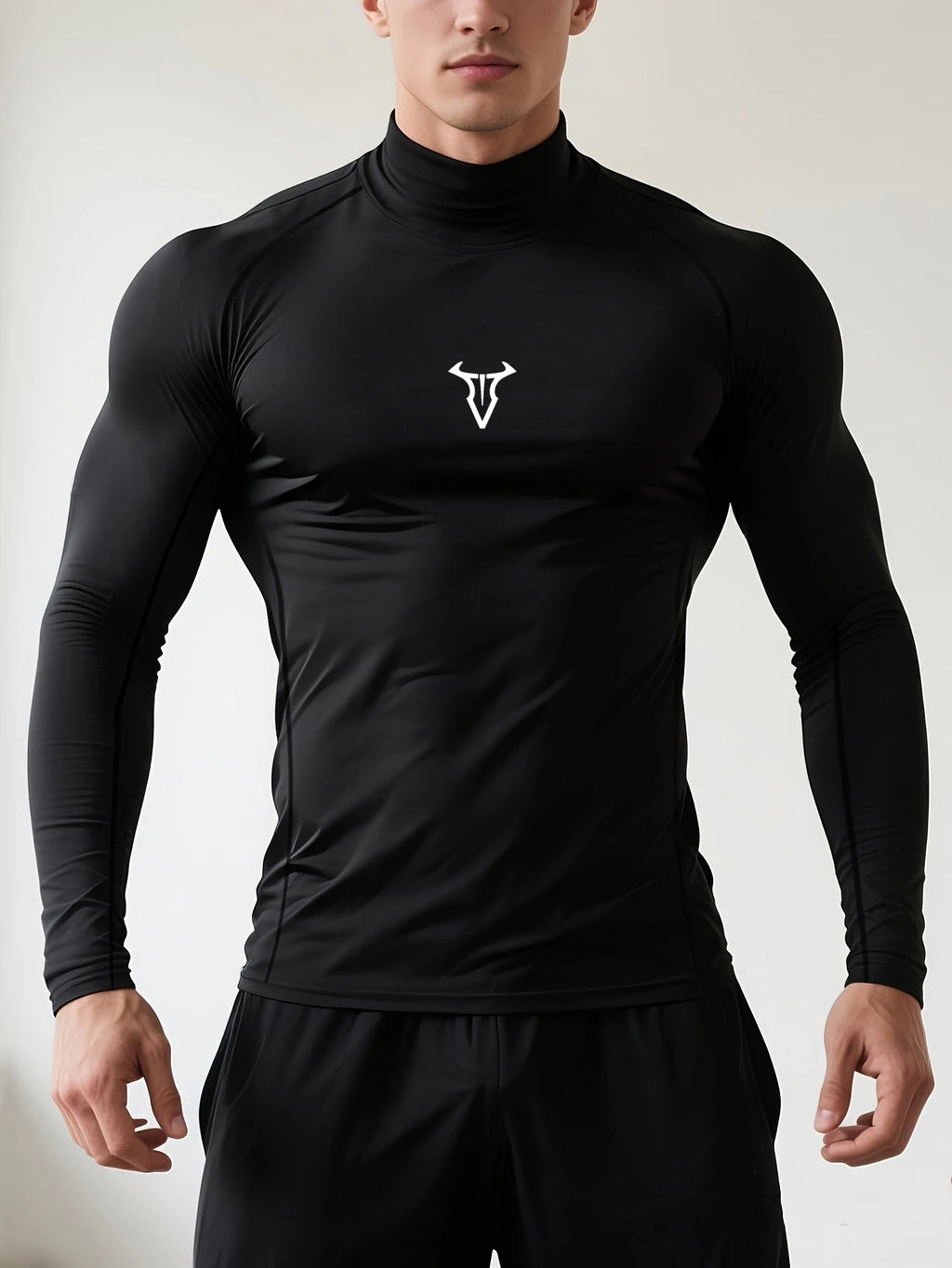 Men's "White Bull" Compression Mock Neck Shirt – Premium Long Sleeve Gym Training Top