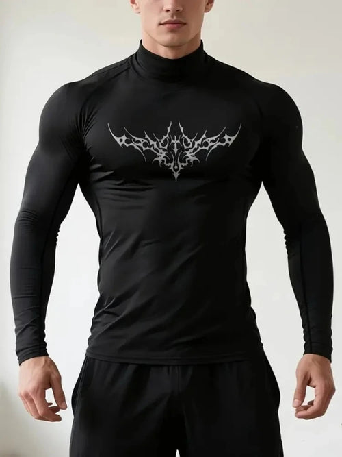 "pdmcms" Gothic Graphic High-Neck Compression Shirt – Premium Long Sleeve Fitness Top