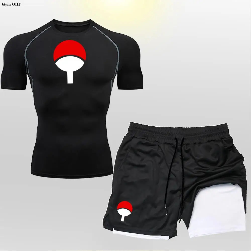 Men's "Heroic Spirit" Anime 2-in-1 Fitness Set – Compression Tee & Double-Deck Shorts