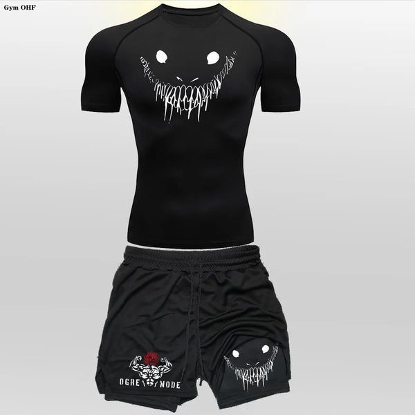 Men's "Anime Funny Face" 2-in-1 Fitness Set – Compression Tee & Double-Deck Shorts