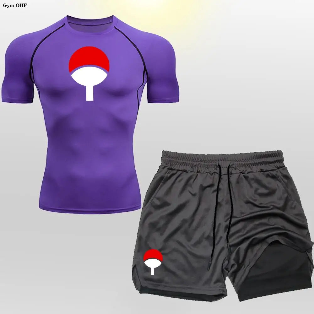 Men's "Heroic Spirit" Anime 2-in-1 Fitness Set – Compression Tee & Double-Deck Shorts