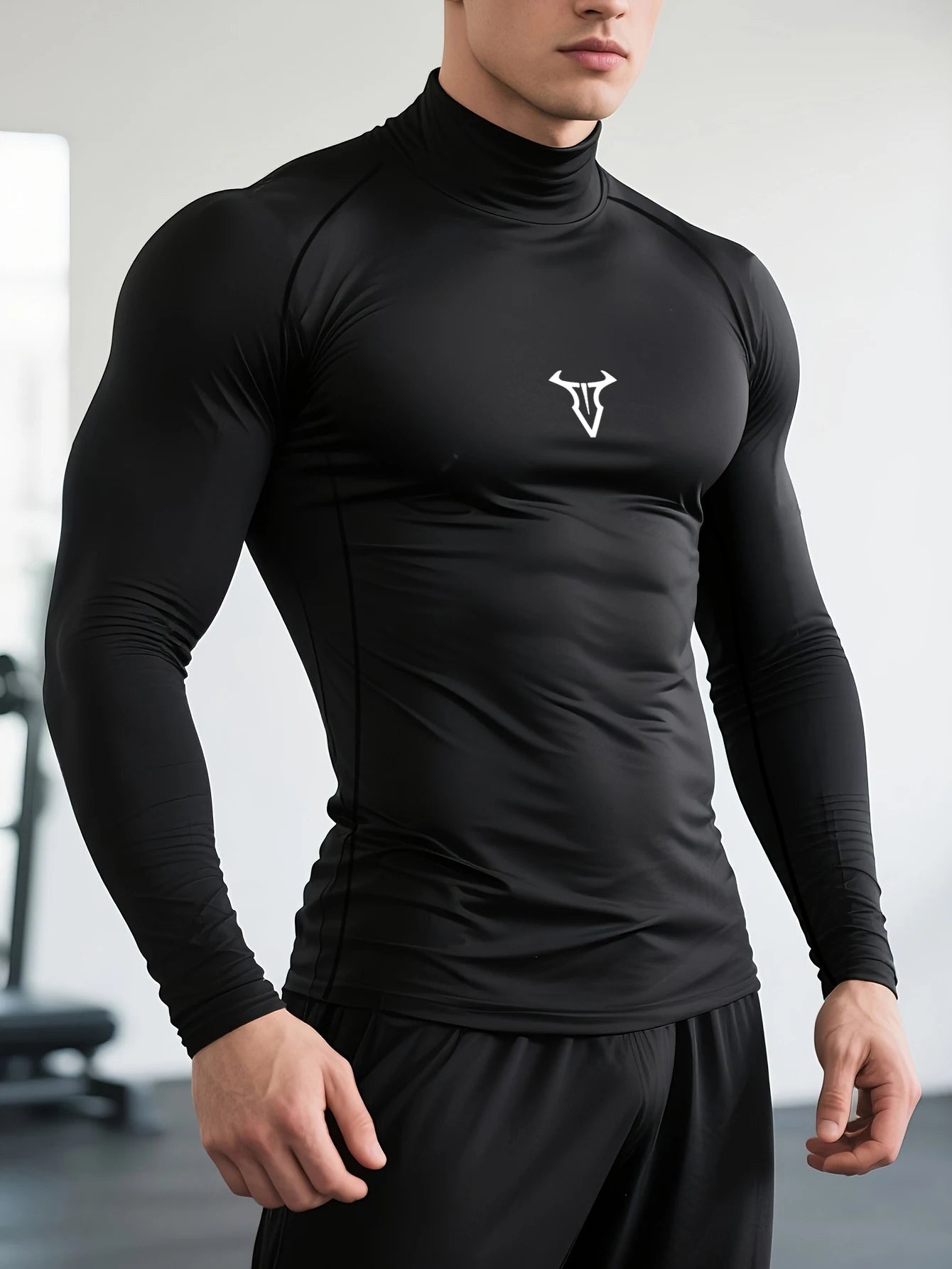 Men's "White Bull" Compression Mock Neck Shirt – Premium Long Sleeve Gym Training Top