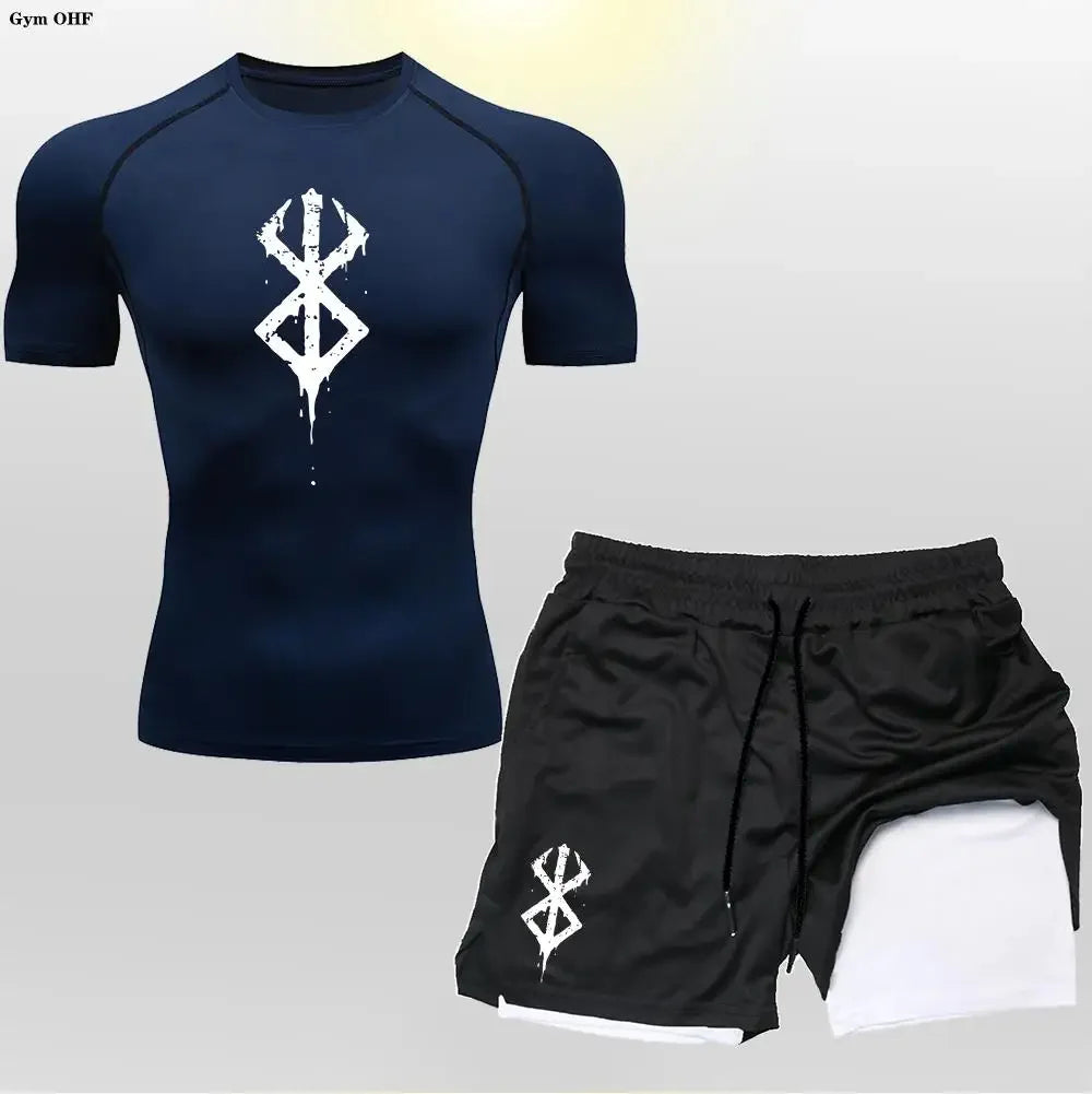 Men's "Anime Velocity" 2-in-1 Cycling & Training Set – Compression Tee & Double-Deck Shorts