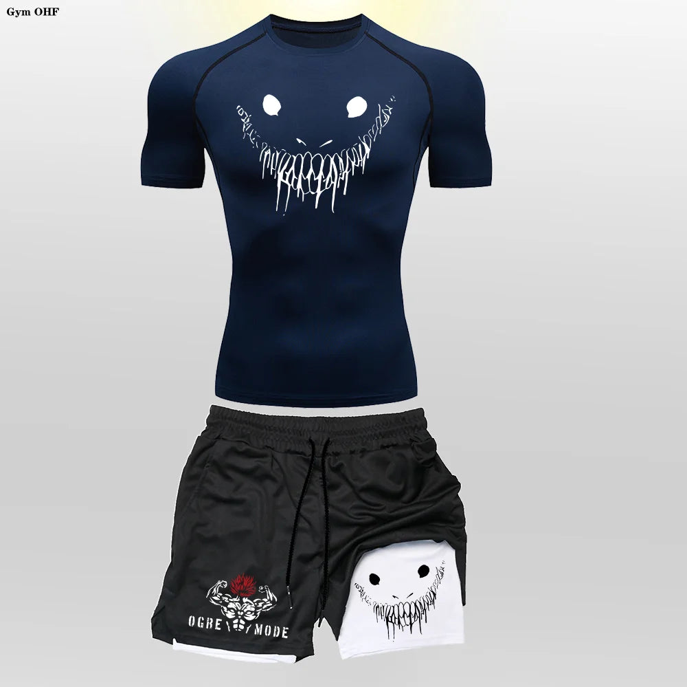 Men's "Anime Funny Face" 2-in-1 Fitness Set – Compression Tee & Double-Deck Shorts