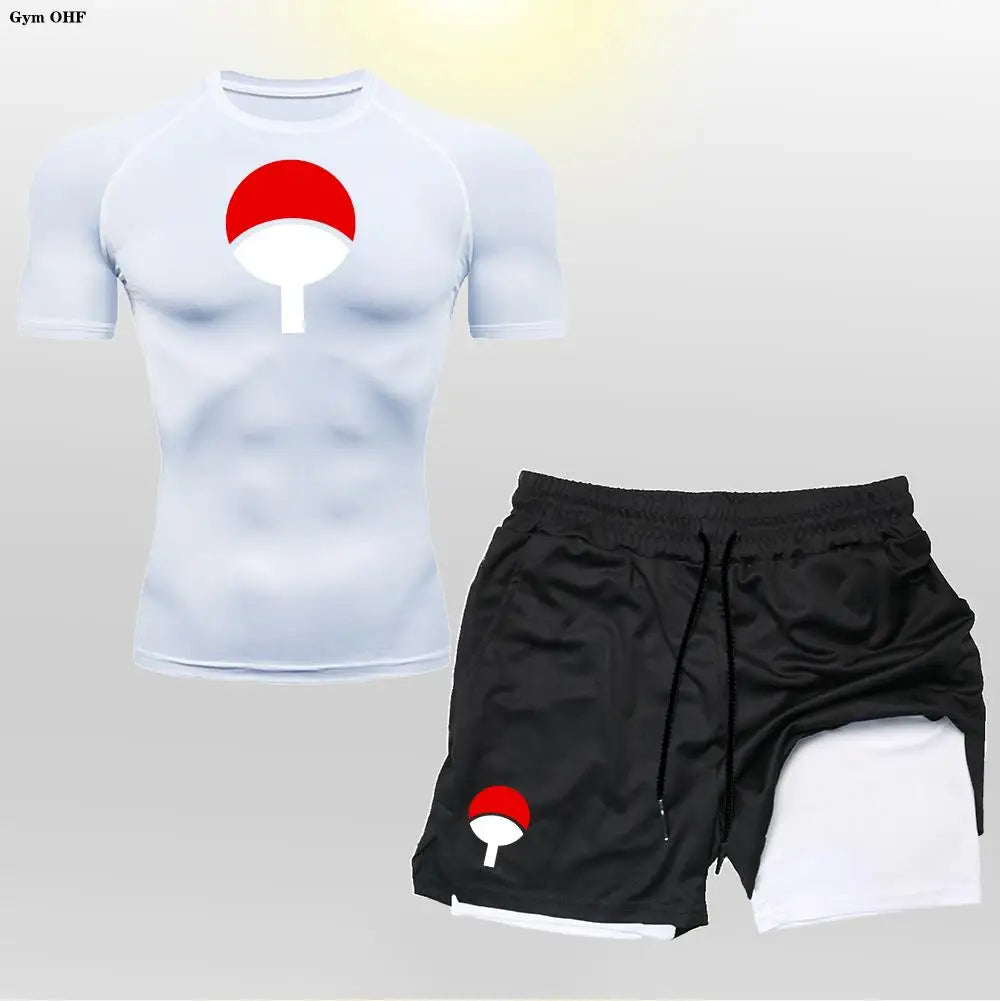 Men's "Heroic Spirit" Anime 2-in-1 Fitness Set – Compression Tee & Double-Deck Shorts