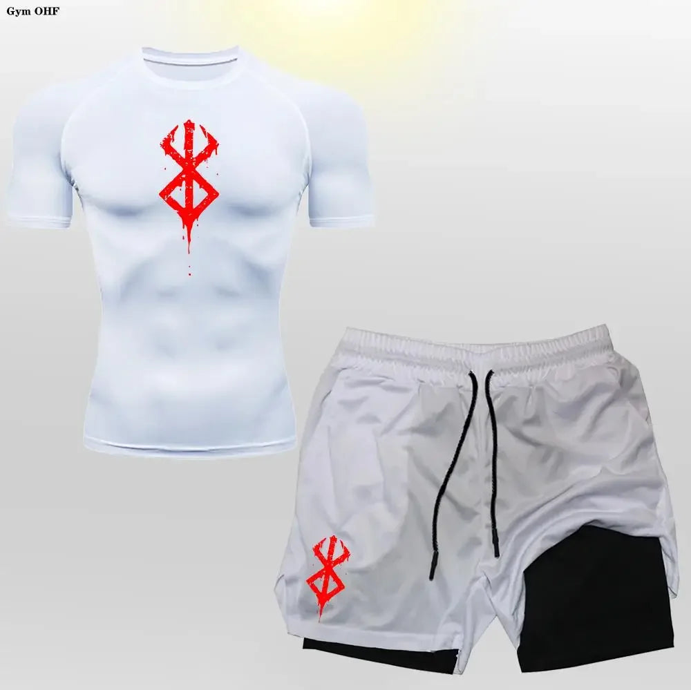 Men's "Anime Velocity" 2-in-1 Cycling & Training Set – Compression Tee & Double-Deck Shorts