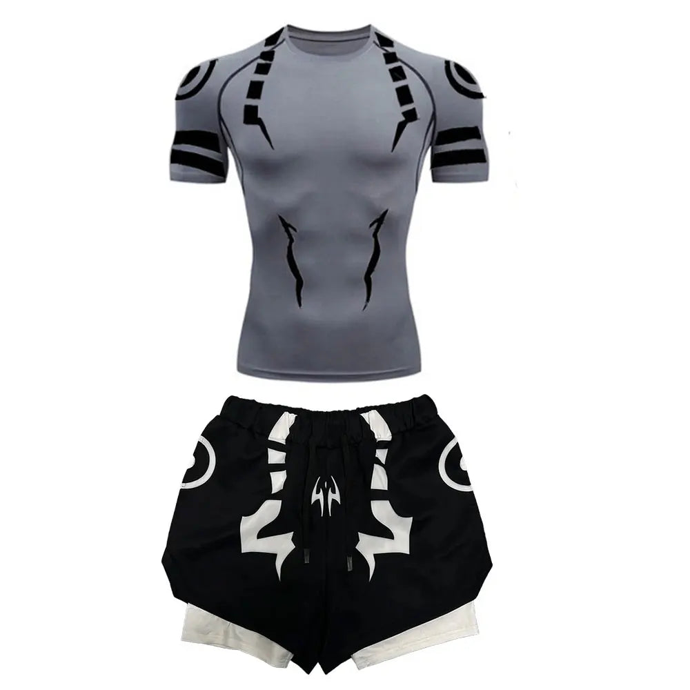 Men's "Jujutsu Kaisen" 3D Compression Set – Premium Gym Shirt & Training Shorts